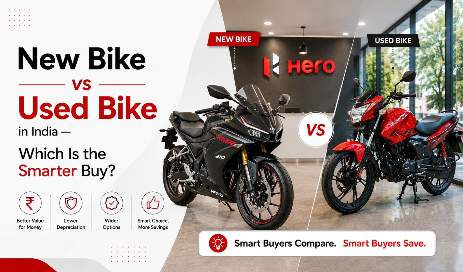 Comparison of new bike and used bike parked side by side in India